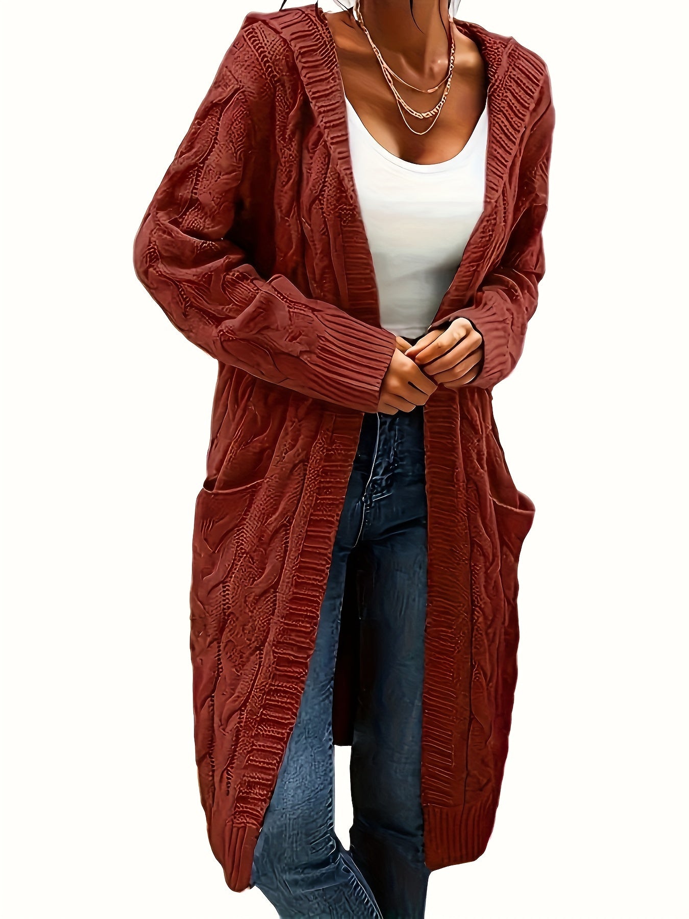 Women's Casual Long Hooded Knit Cardigan with Cable Knit Pattern, Front Pockets - Cozy Acrylic Sweater Coat for Fall/Winter, Machine Washable, Winter Layering|Open Front Cardigan|Buttonless Cardigan