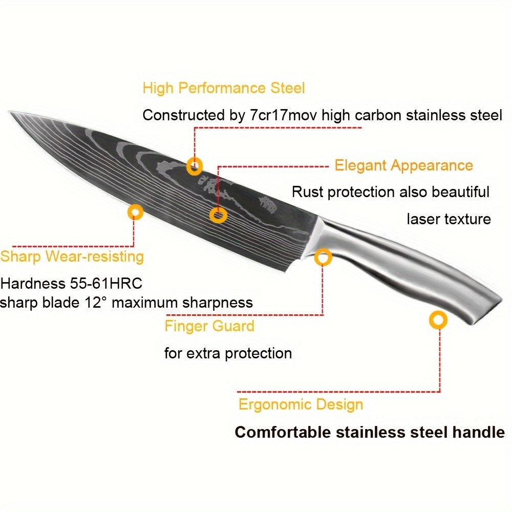 7pcs Knife Set, Kitchen Knife Set, Chef's Knife, Santoku Knife, Meat Knife, Bread Knife, Vegetable Knife & Peeler, Sharp Stainless Steel Knives, with Magnetic Knife Holder