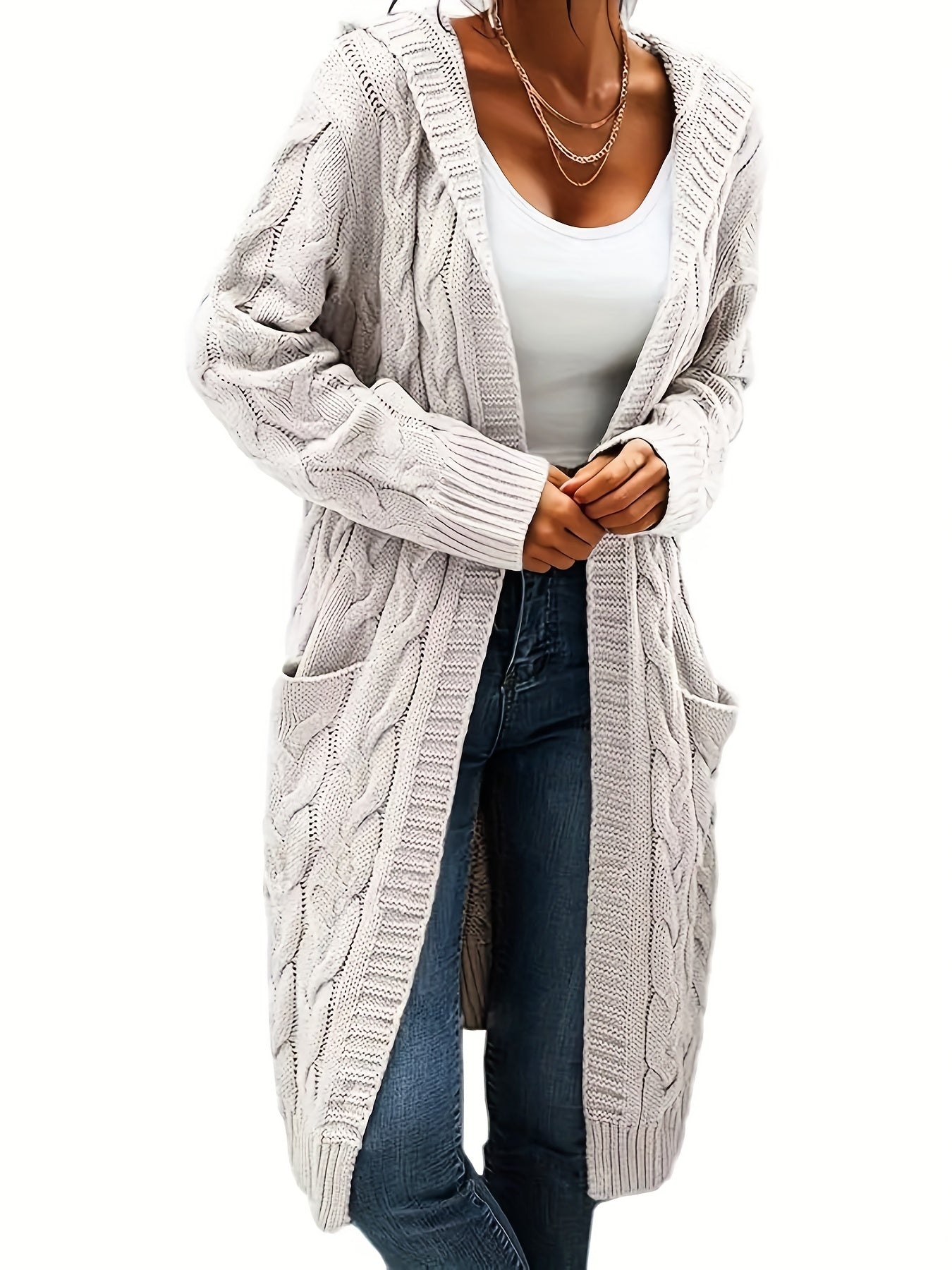 Women's Casual Long Hooded Knit Cardigan with Cable Knit Pattern, Front Pockets - Cozy Acrylic Sweater Coat for Fall/Winter, Machine Washable, Winter Layering|Open Front Cardigan|Buttonless Cardigan