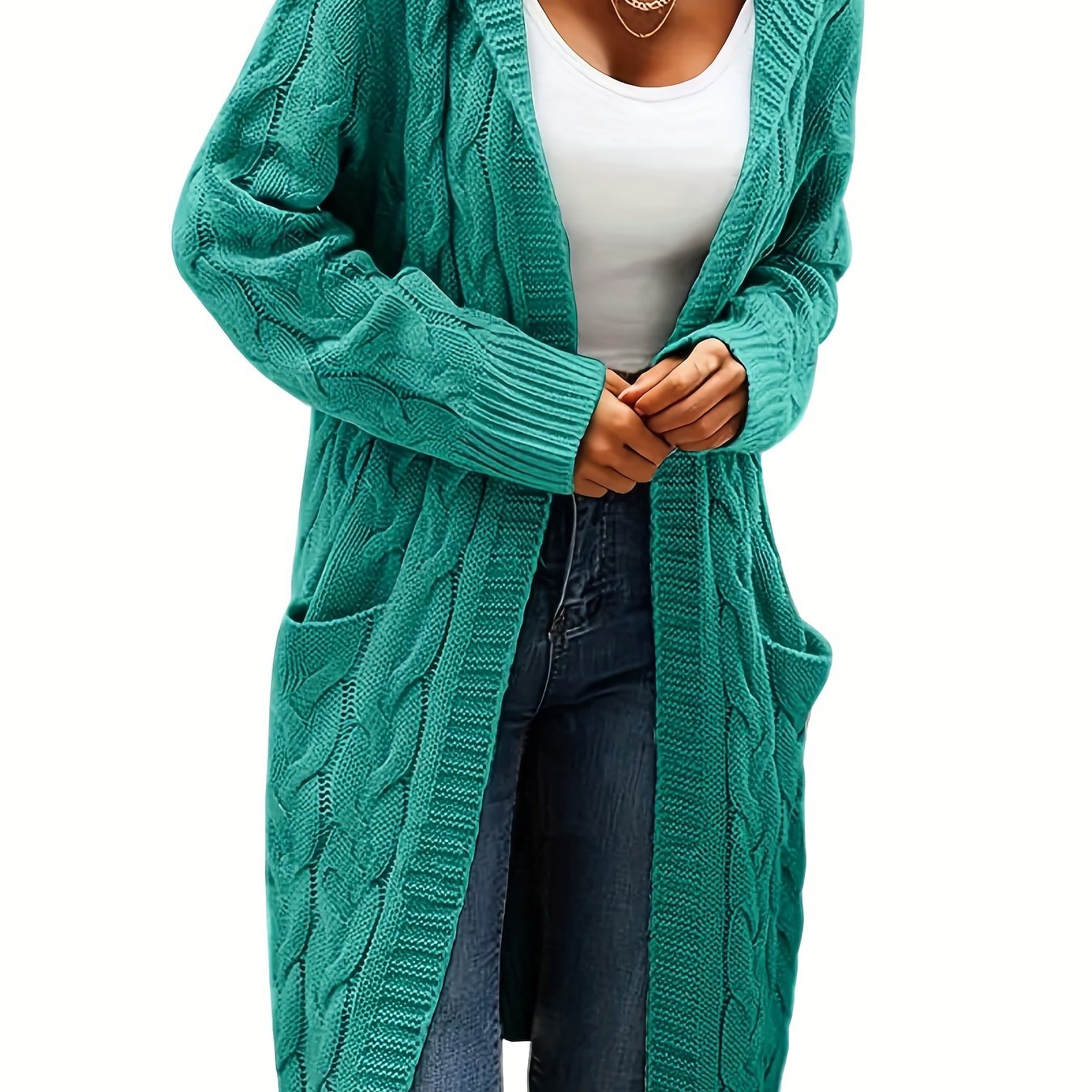 Women's Casual Long Hooded Knit Cardigan with Cable Knit Pattern, Front Pockets - Cozy Acrylic Sweater Coat for Fall/Winter, Machine Washable, Winter Layering|Open Front Cardigan|Buttonless Cardigan