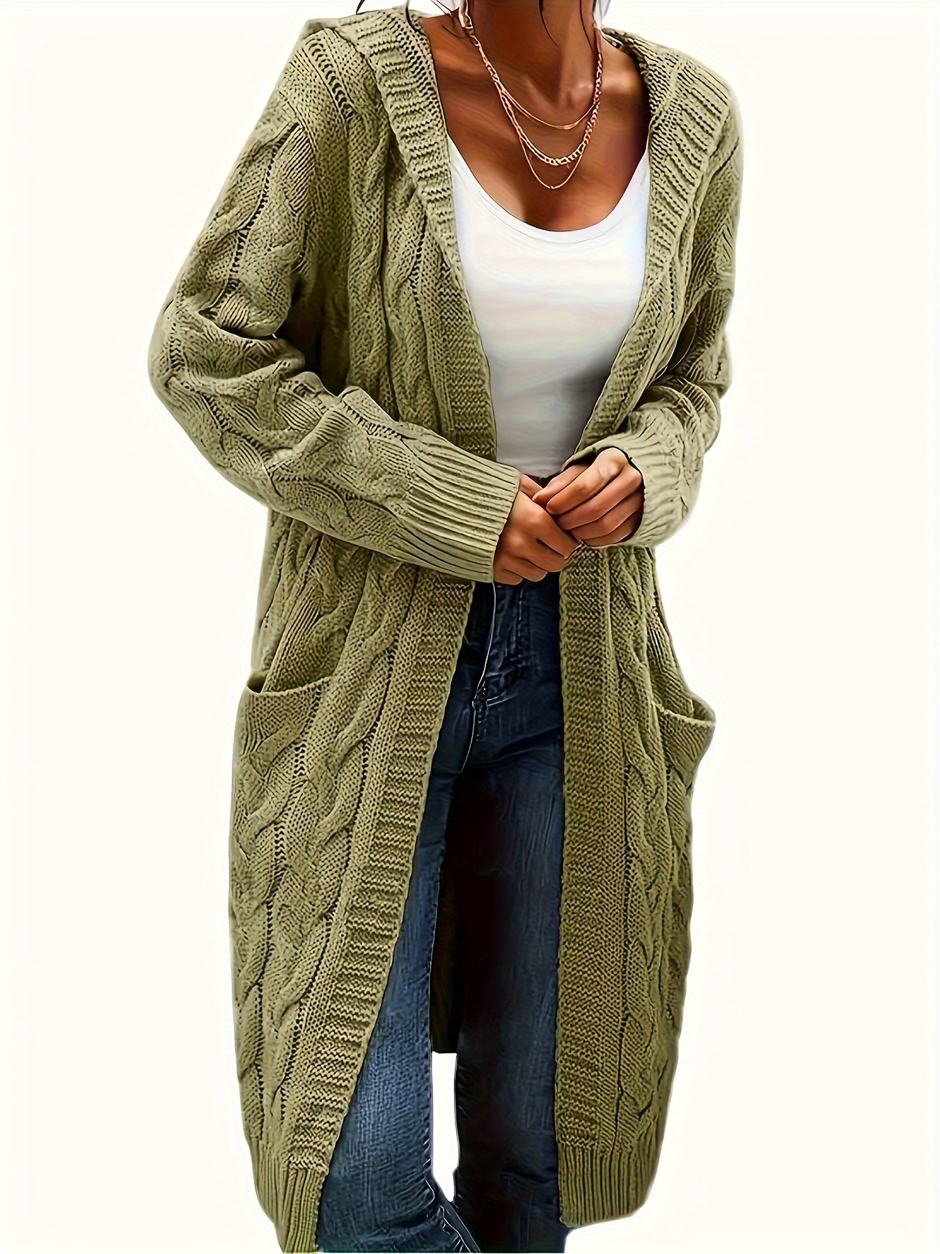 Women's Casual Long Hooded Knit Cardigan with Cable Knit Pattern, Front Pockets - Cozy Acrylic Sweater Coat for Fall/Winter, Machine Washable, Winter Layering|Open Front Cardigan|Buttonless Cardigan