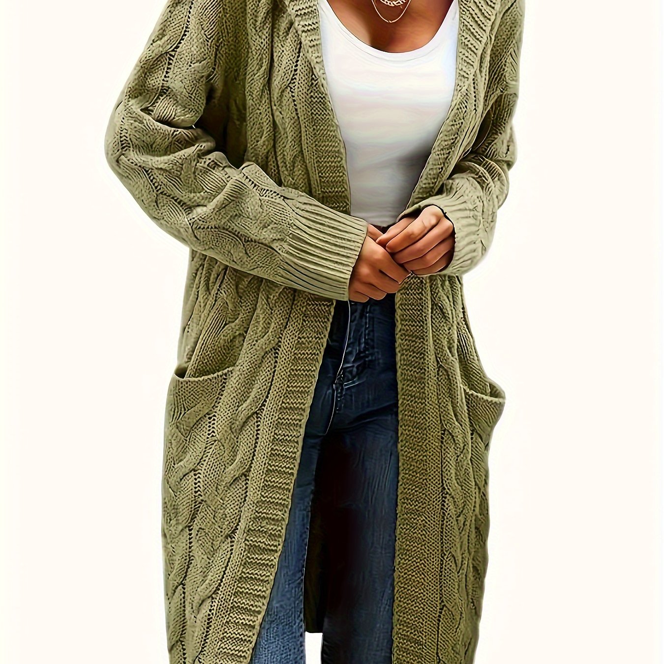 Women's Casual Long Hooded Knit Cardigan with Cable Knit Pattern, Front Pockets - Cozy Acrylic Sweater Coat for Fall/Winter, Machine Washable, Winter Layering|Open Front Cardigan|Buttonless Cardigan