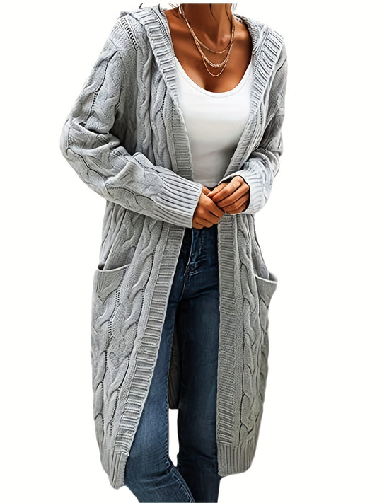 Women's Casual Long Hooded Knit Cardigan with Cable Knit Pattern, Front Pockets - Cozy Acrylic Sweater Coat for Fall/Winter, Machine Washable, Winter Layering|Open Front Cardigan|Buttonless Cardigan