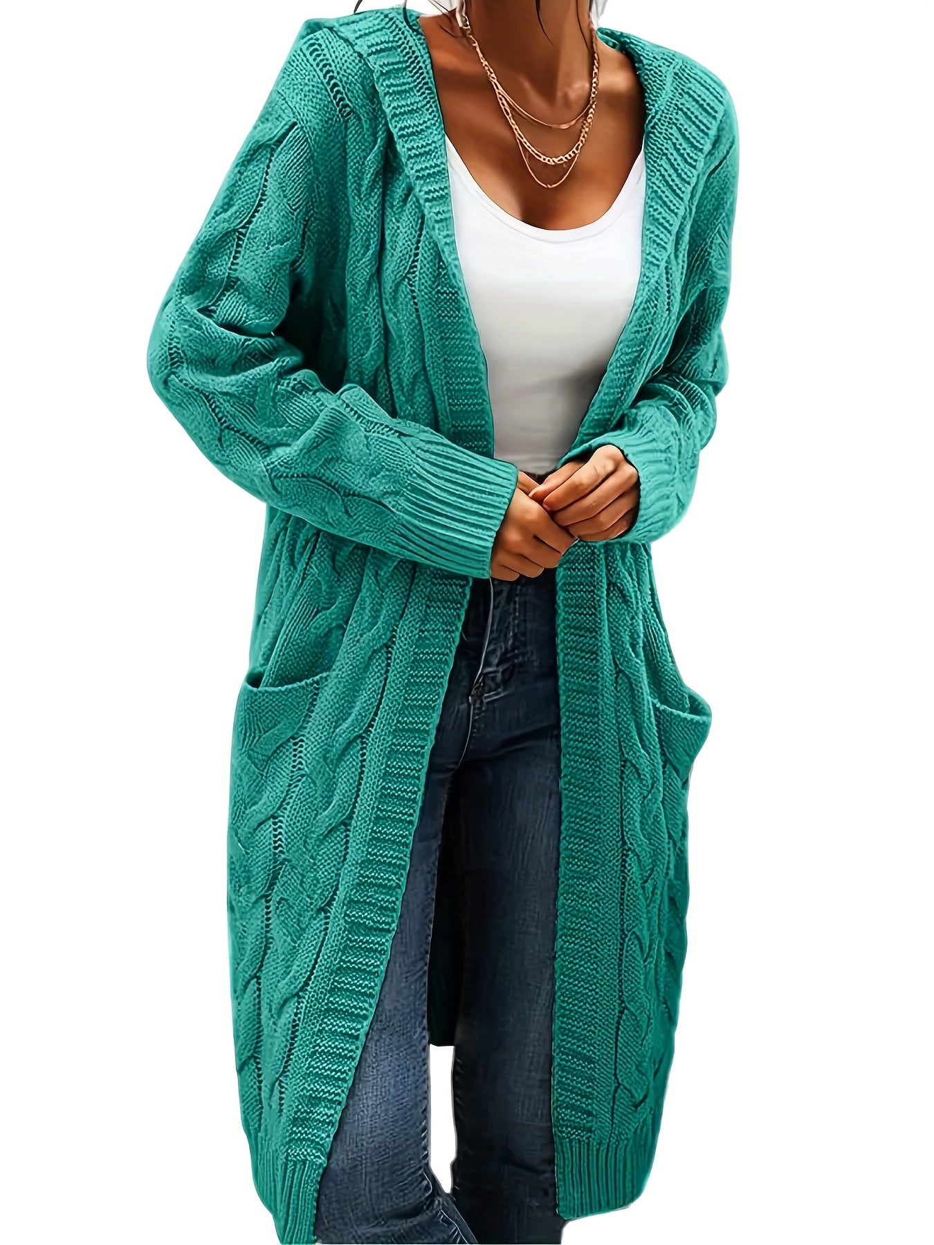 Women's Casual Long Hooded Knit Cardigan with Cable Knit Pattern, Front Pockets - Cozy Acrylic Sweater Coat for Fall/Winter, Machine Washable, Winter Layering|Open Front Cardigan|Buttonless Cardigan