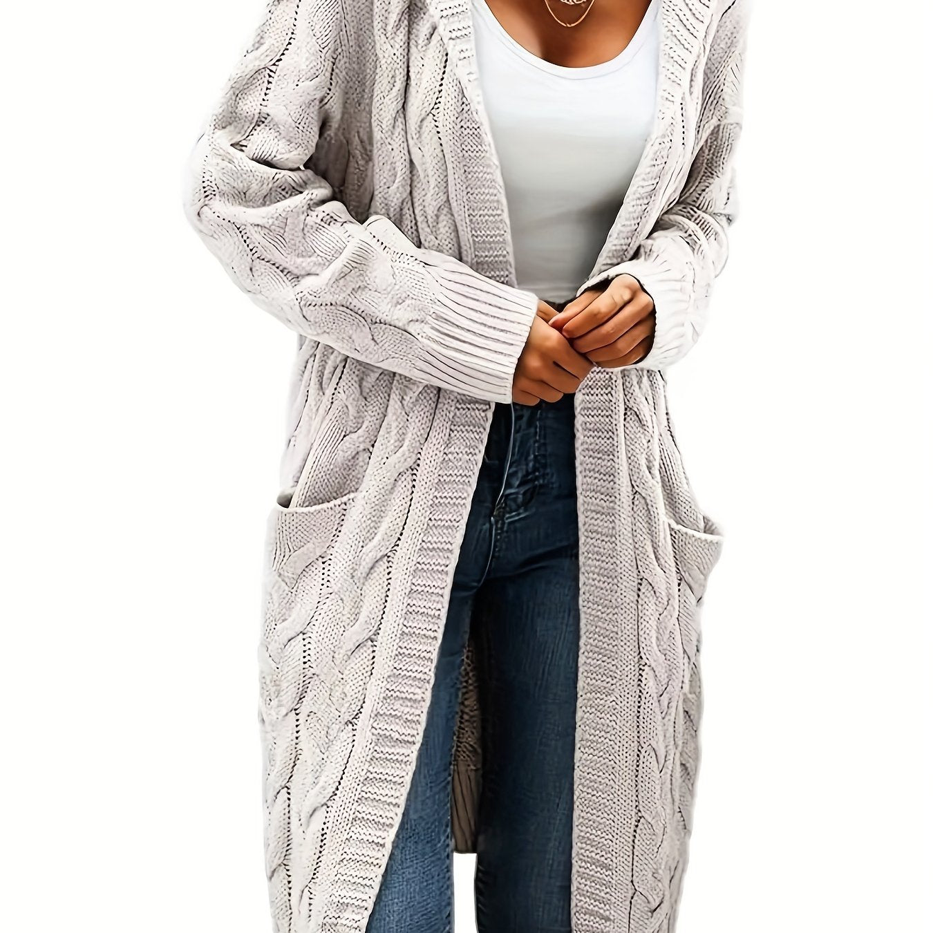 Women's Casual Long Hooded Knit Cardigan with Cable Knit Pattern, Front Pockets - Cozy Acrylic Sweater Coat for Fall/Winter, Machine Washable, Winter Layering|Open Front Cardigan|Buttonless Cardigan