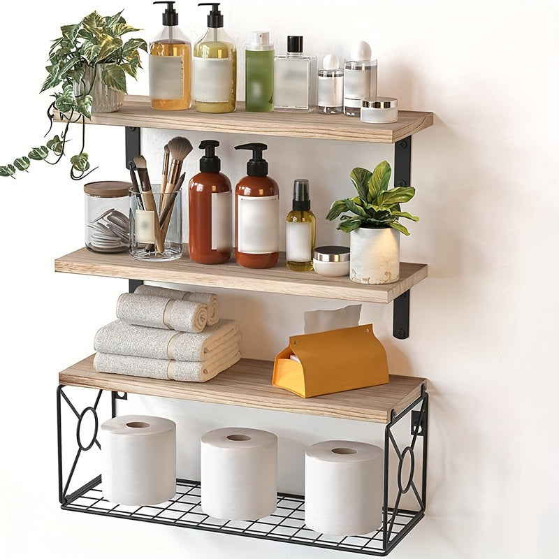 3-Piece Floating Shelf Set with Metal Storage Basket, Wall Mounted Organizer for Bathroom, Kitchen, Living Room - Wooden Shelves with Black Finish, No Metal Tubing Included