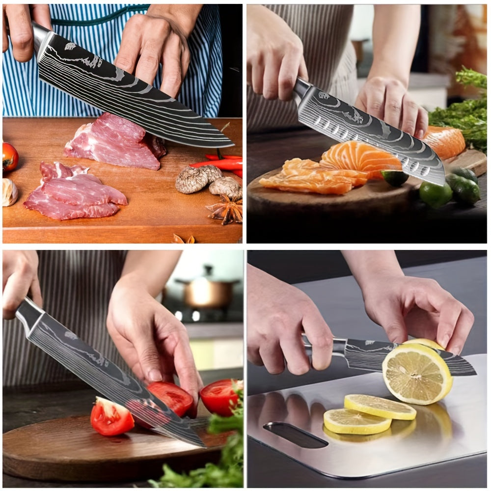 7pcs Knife Set, Kitchen Knife Set, Chef's Knife, Santoku Knife, Meat Knife, Bread Knife, Vegetable Knife & Peeler, Sharp Stainless Steel Knives, with Magnetic Knife Holder