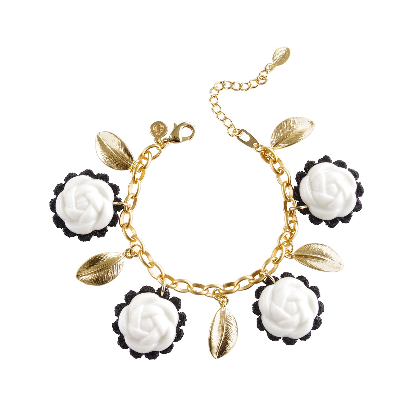 Porcelain Camellias and Golden Leaves Bracelet