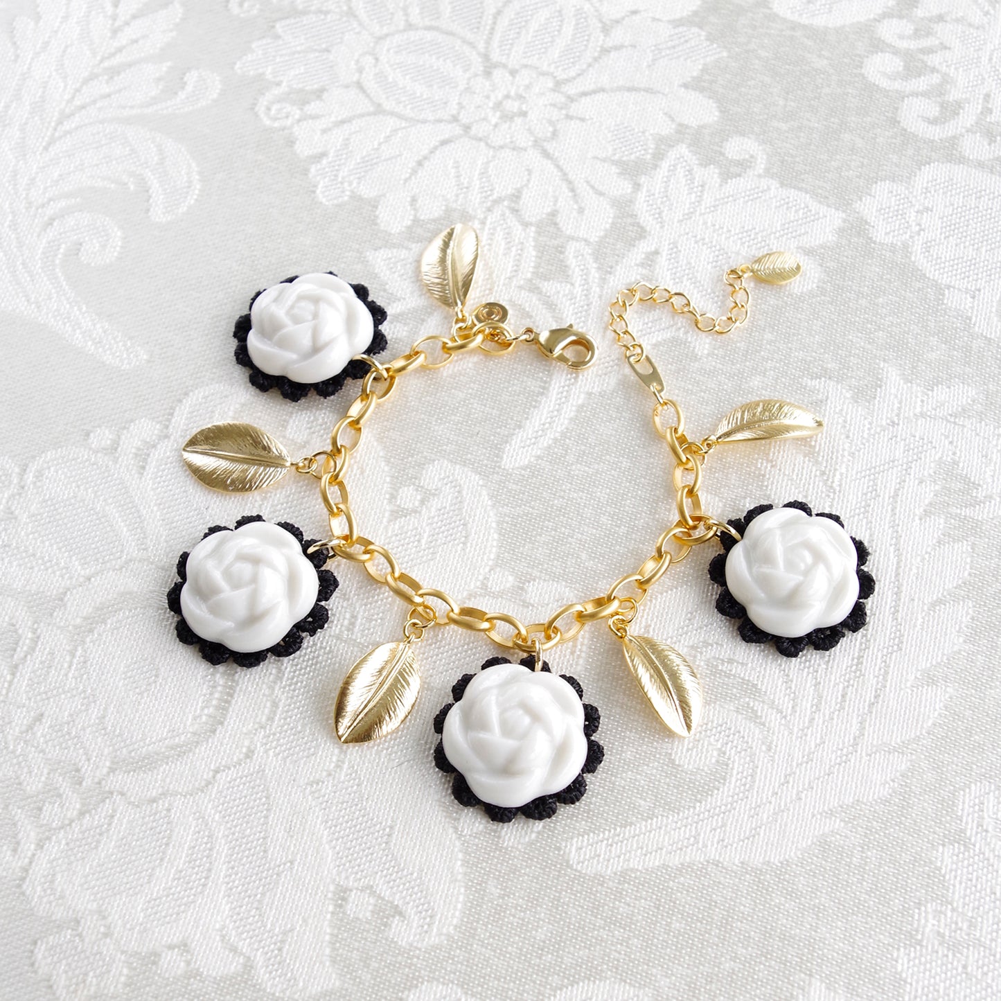 Porcelain Camellias and Golden Leaves Bracelet