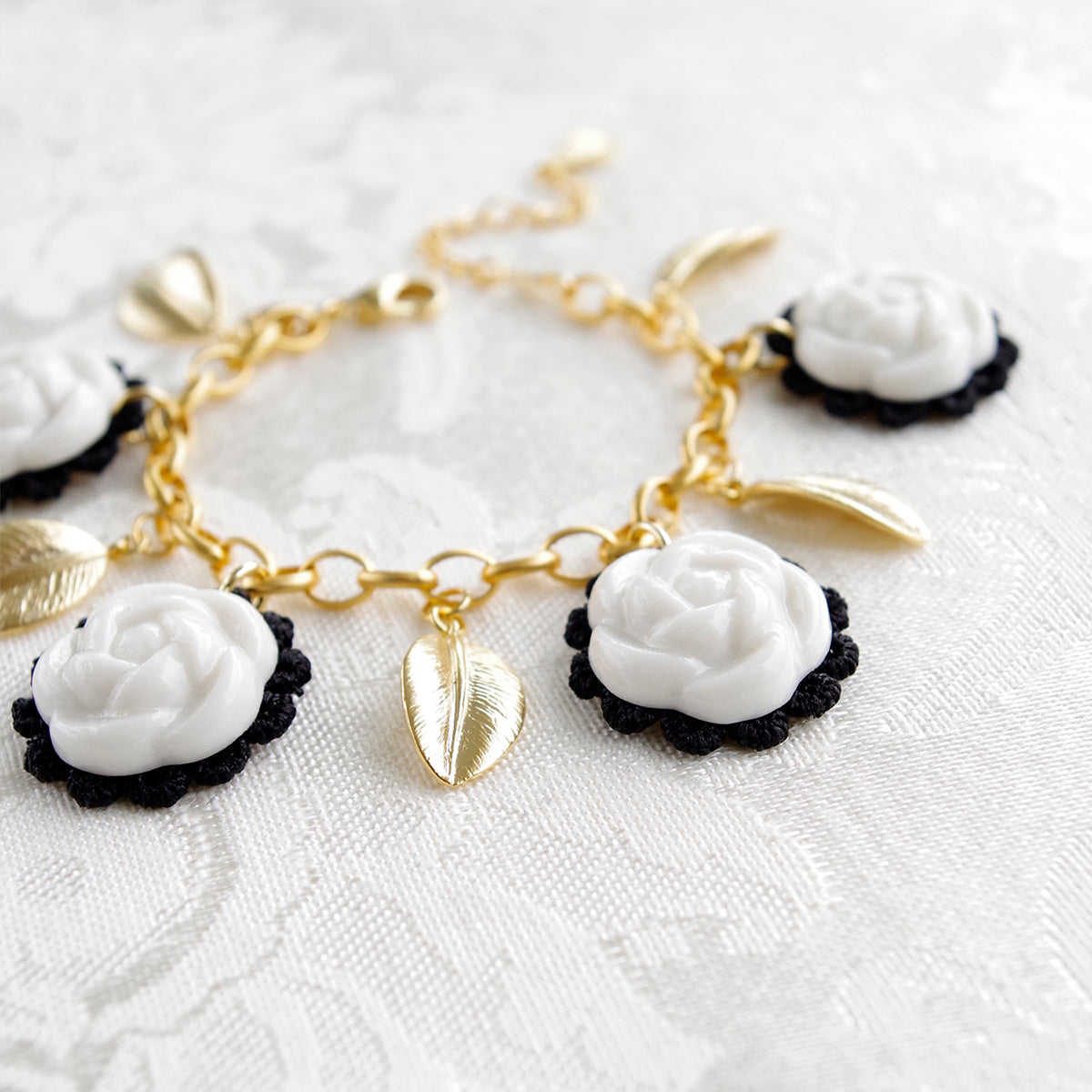 Porcelain Camellias and Golden Leaves Bracelet