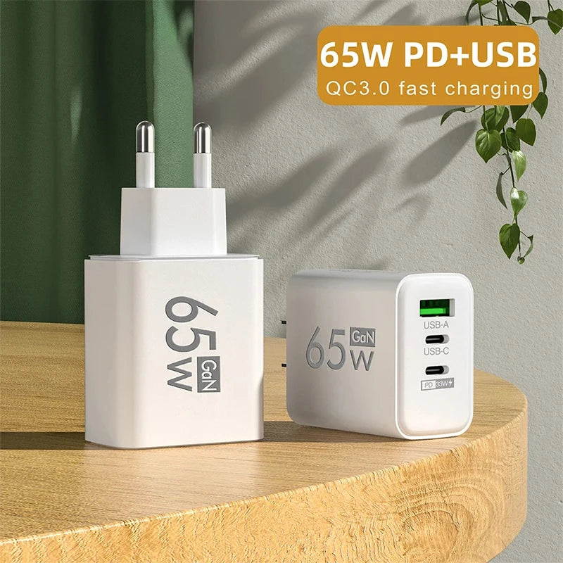 GaN Fast Charging 65W USB Type C Charger EU  3.0 Quick Charge Wall For Phone Adapter For iPhone 15 Xiaomi Huawei Samsung