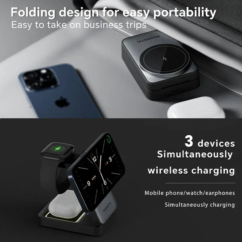 3 In 1 Magnetic Wireless Charger Stand For Magsafe iPhone 12 13 14 15 Apple Watch 2-8 Airpods Pro Foldable Fast Charging Station