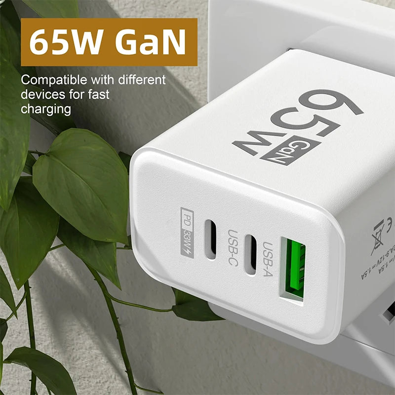 GaN Fast Charging 65W USB Type C Charger EU  3.0 Quick Charge Wall For Phone Adapter For iPhone 15 Xiaomi Huawei Samsung