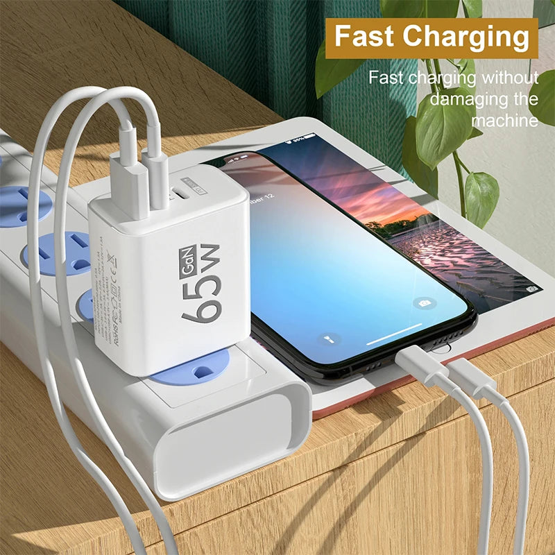 GaN Fast Charging 65W USB Type C Charger EU  3.0 Quick Charge Wall For Phone Adapter For iPhone 15 Xiaomi Huawei Samsung