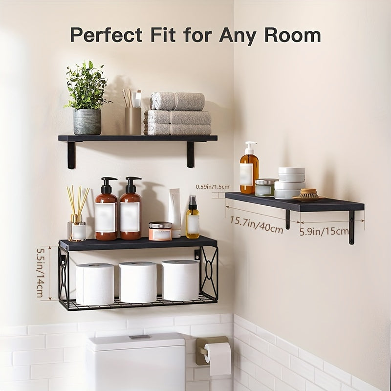 3-Piece Floating Shelf Set with Metal Storage Basket, Wall Mounted Organizer for Bathroom, Kitchen, Living Room - Wooden Shelves with Black Finish, No Metal Tubing Included