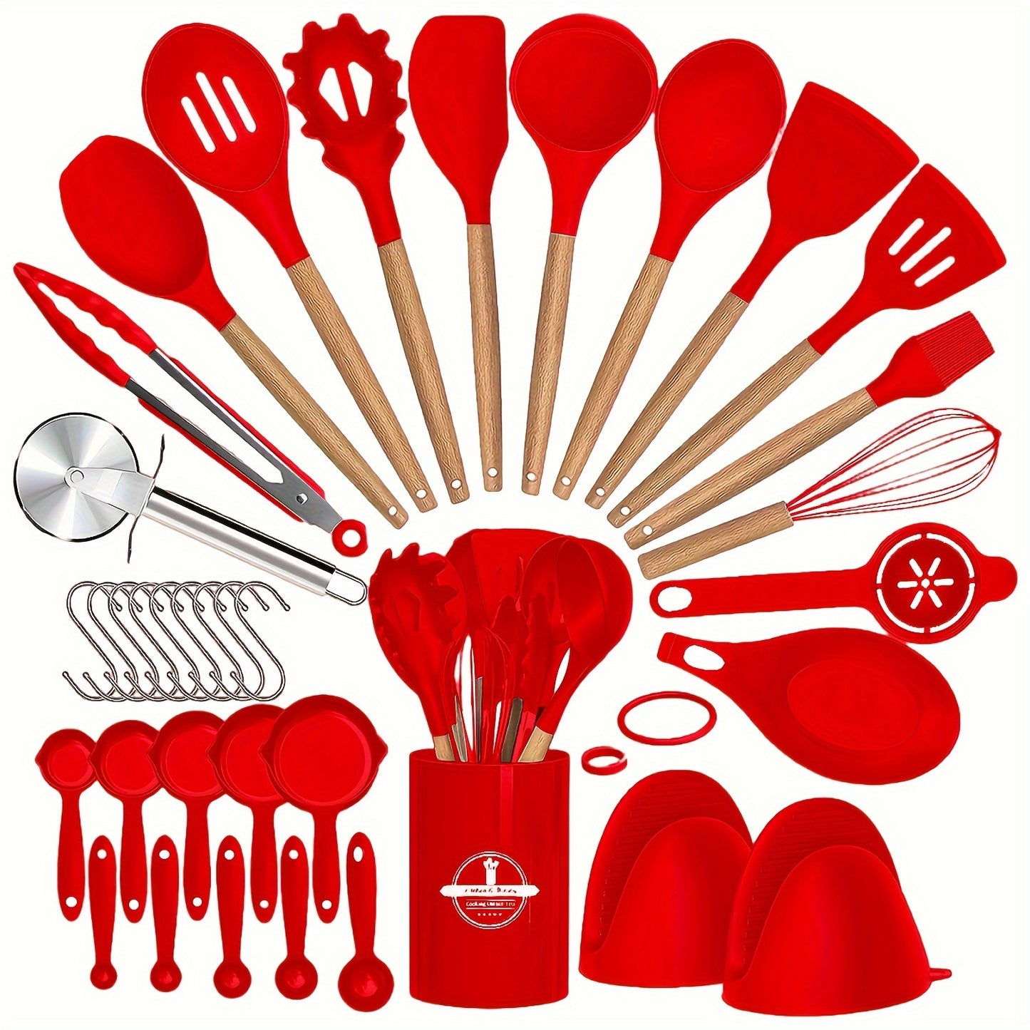 36pcs, Silicone Kitchen Utensil Set with Wooden Handles, Heat-Resistant Non-Stick Cooking And Baking Tools for Home Kitchen