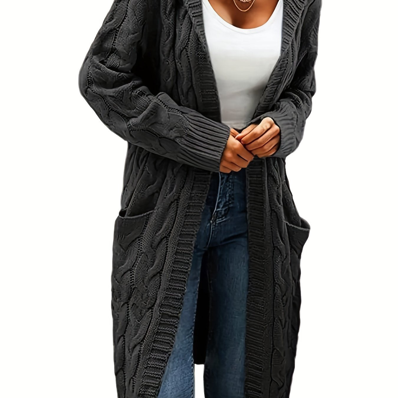 Women's Casual Long Hooded Knit Cardigan with Cable Knit Pattern, Front Pockets - Cozy Acrylic Sweater Coat for Fall/Winter, Machine Washable, Winter Layering|Open Front Cardigan|Buttonless Cardigan