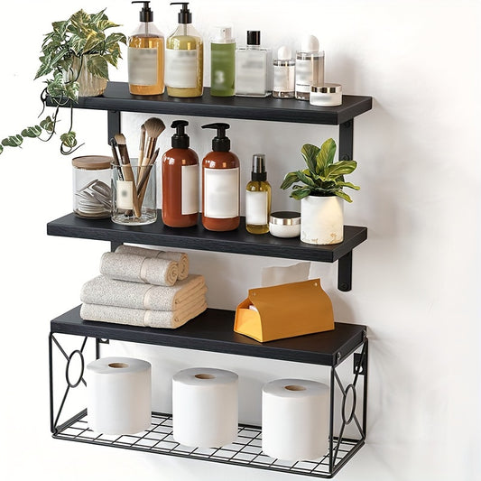 3-Piece Floating Shelf Set with Metal Storage Basket, Wall Mounted Organizer for Bathroom, Kitchen, Living Room - Wooden Shelves with Black Finish, No Metal Tubing Included